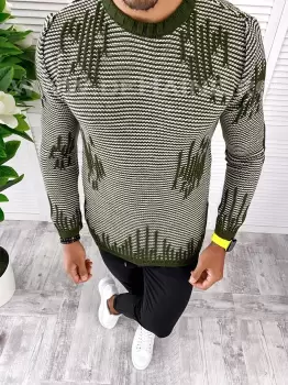 Pulover barbati gros slim fit kaki T3636 O1-6.1 imagine