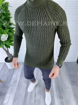 Pulover barbati gros slim fit kaki ZR T3712 i1-4** E imagine