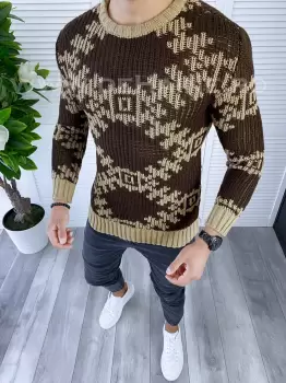 Pulover barbati gros slim fit maro T3623 105-5 imagine