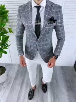 Sacou barbati in carouri slim fit B1486 83-2 E imagine