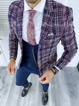 Sacou barbati in carouri slim fit B5296 86-4 E imagine