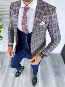 Sacou barbati in carouri slim fit B5297 87-2 E imagine