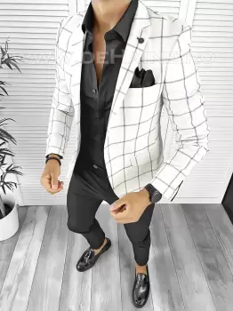 Sacou barbati slim fit alb in carouri B8321 87-5 E imagine