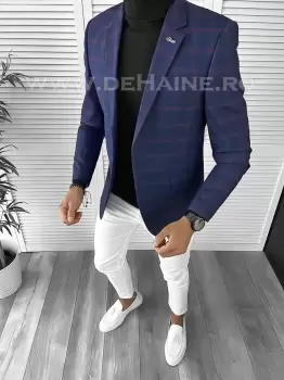 Sacou barbati slim fit bleumarin in carouri B9752 imagine