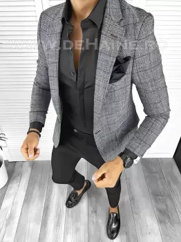 Sacou barbati slim fit gri in carouri B8303 70-4 e imagine
