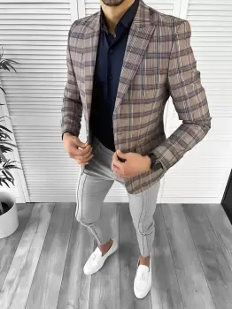 Sacou barbati slim fit in carouri 10205 E imagine