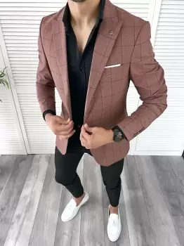 Sacou barbati slim fit in carouri 11977 D3-3.1 imagine