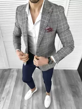 Sacou barbati slim fit in carouri 704 imagine