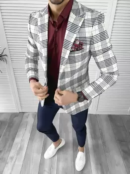 Sacou barbati slim fit in carouri 715 imagine