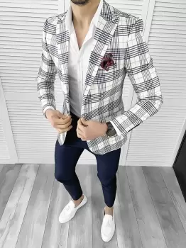 Sacou barbati slim fit in carouri 715 imagine