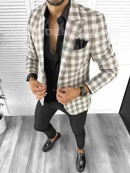 Sacou barbati slim fit in carouri B8283 8-2 imagine