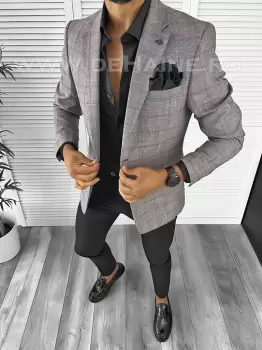 Sacou barbati slim fit in carouri B8284 8-2 imagine