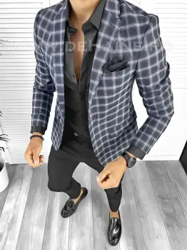 Sacou barbati slim fit in carouri B8304 8-4 imagine