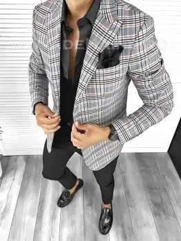 Sacou barbati slim fit in carouri B8307 8-4 imagine