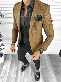 Sacou barbati slim fit in carouri B8314 8-4 imagine