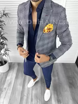 Sacou barbati slim fit in carouri B8329 85-2 E imagine