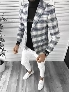 Sacou barbati slim fit in carouri B9745 imagine