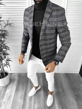 Sacou barbati slim fit in carouri B9746 imagine