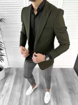 Sacou barbati slim fit kaki 10204 E imagine