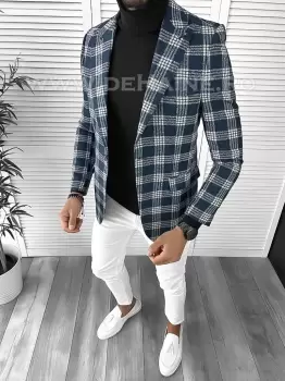 Sacou barbati slim fit verde in carouri B9750 imagine