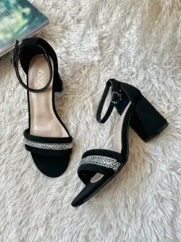 Sandale dama cu toc gros negre piele intoarsa GH115 imagine