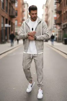 Trening barbati slim fit bej  Pantaloni + hanorac 167 imagine