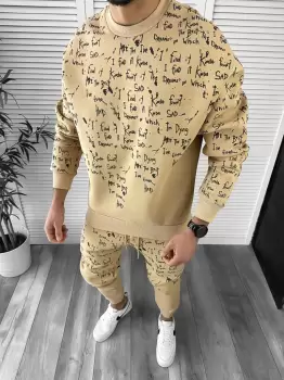 Trening barbati slim fit bej Pantaloni + Hanorac k172 imagine