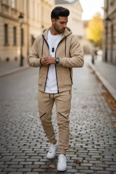 Trening barbati slim fit bej  Pantaloni + Hanorac  vatuit   5057 imagine