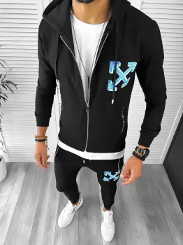 Trening barbati slim fit negru cu albastru Pantaloni + Hanorac 12931 imagine