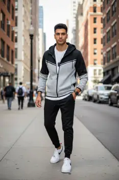 Trening barbati slim fit negru cu gri   Pantaloni + Hanorac RM08 imagine