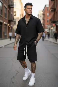 Trening barbati slim fit negru Pantaloni + camasa S110 imagine