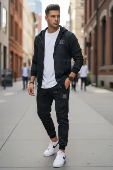 Trening barbati slim fit negru Pantaloni + Hanorac AB031 imagine