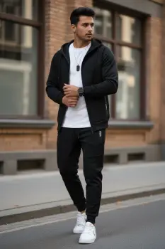 Trening barbati slim fit negru  Pantaloni + Hanorac RM05 imagine