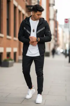 Trening barbati slim fit negru  Pantaloni + Hanorac RM09 imagine