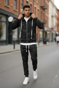 Trening barbati slim fit negru  Pantaloni + Hanorac RM35 imagine