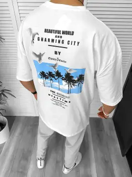 Tricou barbati alb  cu imprimeu pe spate  oversize 11820 P19-6.3 imagine