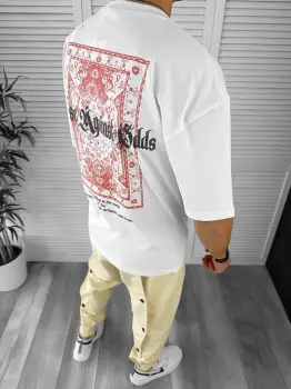 Tricou barbati alb cu imprimeu pe spate oversize 13045 O6-6.1 imagine