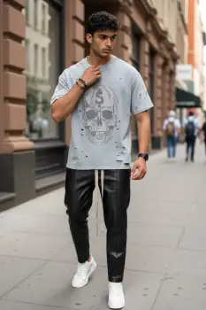 Tricou barbati gri  cu imprimeu   oversize Y238 imagine