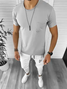 Tricou barbati gri deschis slim fit 12996 imagine