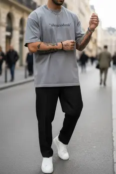 Tricou barbati  gri   oversize  premium Y110 imagine