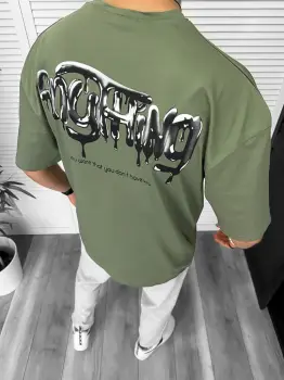 Tricou barbati kaki  cu imprimeu pe spate  oversize 11818  O5-6.1 imagine