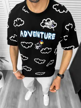 Tricou barbati negru  cu imprimeu  oversize y061 imagine