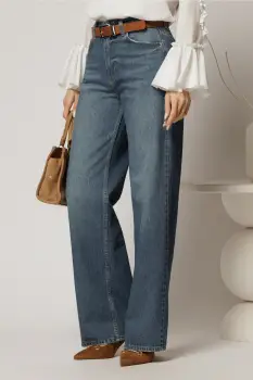 Blugi albastri din denim cu croi evazat si talie inalta imagine