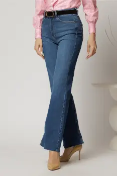 Blugi albastri din denim cu talie inalta si croi evazat imagine