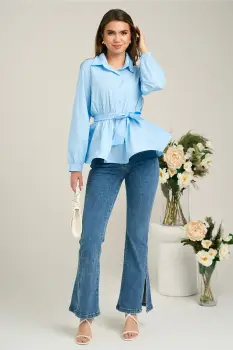 Blugi casual din denim albastri evazati cu decupaj la baza imagine