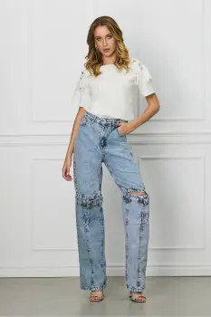 Blugi Corina albastri cu decupaje si fermaore la genunchi imagine