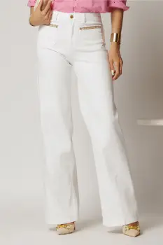 Blugi dama albi din denim cu croi evazat si aplicatii pe buzunare imagine