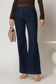 Blugi dama bleumarin cu croi evazat si curea in talie imagine