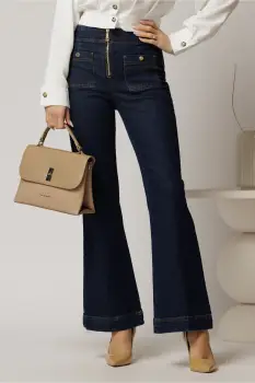 Blugi dama bleumarin evazati cu buzunare patrate si fermoar metalic imagine