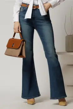 Blugi dama bleumarin evazati din denim cu talie inalta imagine